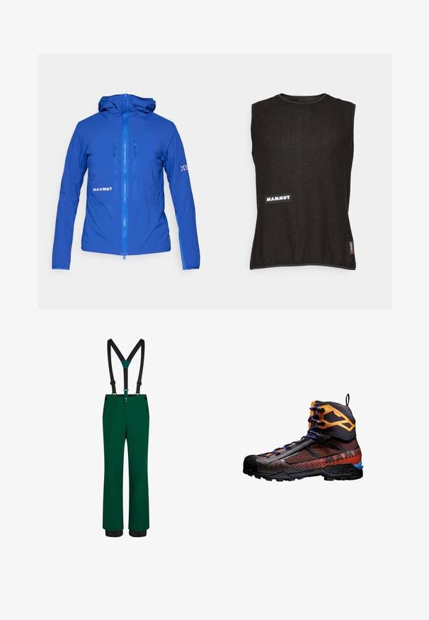 Blauwe lichtgewicht jas met een kap, voorritsen en elastische manchetten. Heeft een zichtbare logo aan de zijkant en een gladde, textuur stof.; Mouwloze zwarte top van textiel met een gestructureerd materiaal, voorzien van een witte "Mammut"-logo en een klein rood accentlabel aan de zijkant, met een ronde halslijn.; Groene sneeuwbroeken met zwarte verstelbare bretels, ritszakken, een rechte pasvorm en versterkte zoom voor duurzaamheid. Soepele textuur.; Zwarte en oranje wandelboot van mesh en rubber materialen. Beschikt over blauwe accenten, textuurpatronen en een hoge enkelontwerp voor ondersteuning.