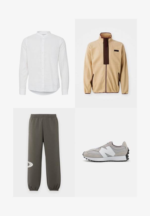 Bēšas fleece jaka ar augstu apkakli, priekšējo rāvējslēdzēju, brūniem akcentiem, divām sānu kabatām un mazu logo etiķeti krūtīs.; Balta garām piedurknēm krekls ar mandarina apkakli, ar pogām priekšpusē un nedaudz noapaļotu apakšu. Izgatavots no viegla lina auduma.; Tumšzaļi treniņbikses ar elastīgu jostasvietu, sānu kabatām, šauru piegriezumu un balu zaru logotipam kreisajā kājā.; Pelēki sporta apavi ar acu un zamšāda materiāliem, ar baltu sānu logo, pelēkām šņorēm un melnu gumijas zoli.