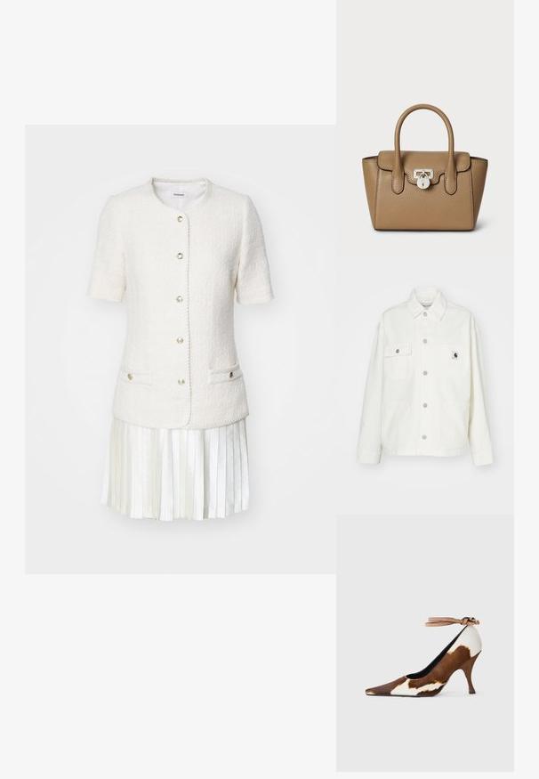 Valge puuvillane jakk, millel on nööpidega eest kinni klappimine, kaks rinnanappi ja ruudukujuline logopatch. Mugav lõige, pikad varrukad ja nähtavad õmblused.; Kergelt värvitud tweed jakk lühikeste varrukatega, ümmarguse kaelusega ja esi-nuppudega. Omab kahte taskut ja kontrastset plisseeritud valget seelikut.; Pruun ja valge lehmamustriga kõrge kontsaga king, terava varbaga, tekstureeritud pinnaga ja pahkluuringiga, millel on helepruun pandla.; Lauren Ralph Lauren PEBBLED LEATHER SMALL TANNER SATCHEL - Käekott - camel