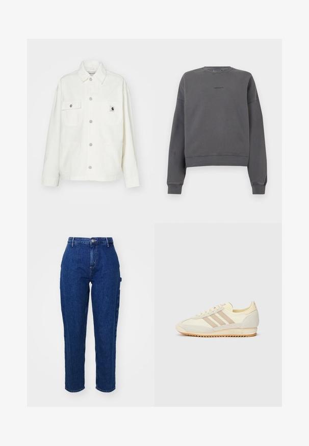 Chaqueta de algodón blanca con cierre de botones en la parte frontal, dos bolsillos en el pecho y un parche de logo cuadrado. Corte holgado con mangas largas y costuras visibles.; Sudadera gris oscuro con cuello redondo, mangas largas, puños y dobladillo de canalé, con un sutil logo en el pecho. Textura suave.; Vaqueros de mezclilla azul oscuro con cintura alta, corte recto, cierre frontal de botones y bolsillos laterales. Textura suave con un ligero estiramiento.; Zapatilla deportiva crema con tres rayas beige, materiales de ante y textil, una suela texturizada y un logotipo en relieve en el talón.