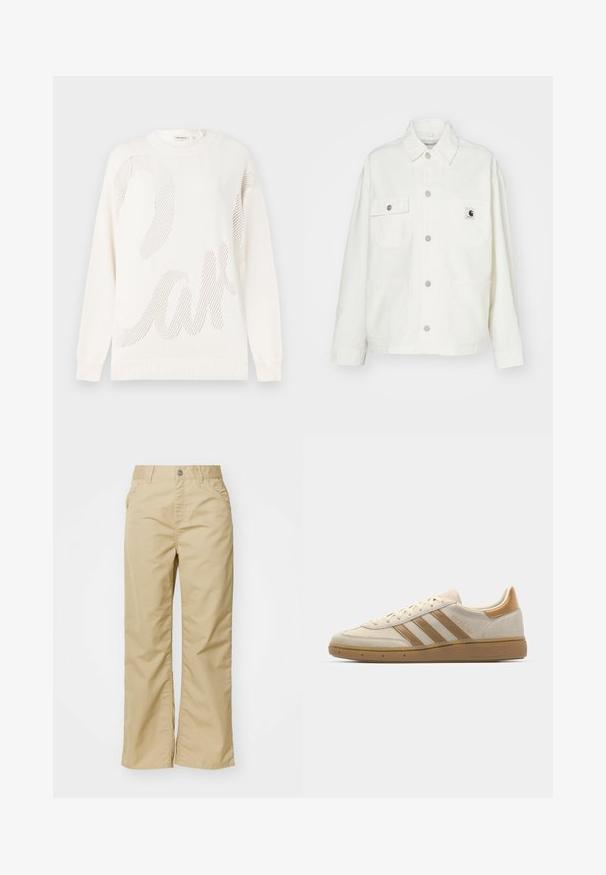 Veste en coton blanc avec un devant à boutons, deux poches sur la poitrine et un patch logo carré. Coupe décontractée avec des manches longues et des coutures visibles.; Pull en maille blanche avec un grand motif en mesh ressemblant au mot "gâteau". Encolure et poignets côtelés ; texture douce.; Pantalons larges en coton beige avec une texture lisse, dotés de poches avant et d'un bouton en argent à la taille.; Baskets en suède beige avec des accents marron clair. Présente trois rayures marron, une semelle en caoutchouc texturée et un design à bout rond.