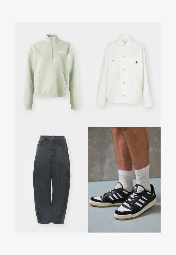 Biela bavlnená bunda so zapínaním na gombíky, dvoma náprsníkmi a štvorcovou nášivkou. Uvoľnený strih s dlhými rukávmi a viditeľným šitím.; Svetlozelená mikina na zips s vysokým golierom, klokaním vreckom a vyšitým logom "New Balance Athletics" na hrudi. Mäkká štruktúra.; Voľné čierne denimové džínsy so zosušeným povrchom, piatimi vreckami, zapínaním na gombík v páse a prešívaním na prednej strane a po stranách.; Čierno-biele tenisky s vrchom z semišu a kože, s troma bielymi pruhmi, perforovanou špičkou a gumovou podrážkou.