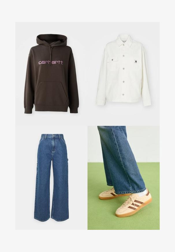 Balta medvilninė striukė su sagų užsegimu priekyje, dviem krūtinės kišenėmis ir kvadrato formos logotipo etikete. Laidus kirpimas, ilgomis rankovėmis ir matomais siūlais.; Ruda kapucha su priekiniais kengūros kišenėmis, išsiskirianti rožinėmis užrašų "carhartt" raidėmis. Pagaminta iš minkštos medžiagos, tekstūrinis paviršius.; Plačios mėlynos džinsinės kelnes su aukštu juosmeniu, kontrastingais siūlais ir šoninėmis kišenėmis, turinčios klasikinį penkių kišenių dizainą ir brutalius kraštus.; Bežiniai sportbačiai su tekstūruotais grietinėlės spalvos paneliais ir rudiems dryžiais, derinami su mėlynu džinsiniu džinsų komplektu. Džinsai turi plačias kojas ir nusidėvėjusį apatinį kraštą.