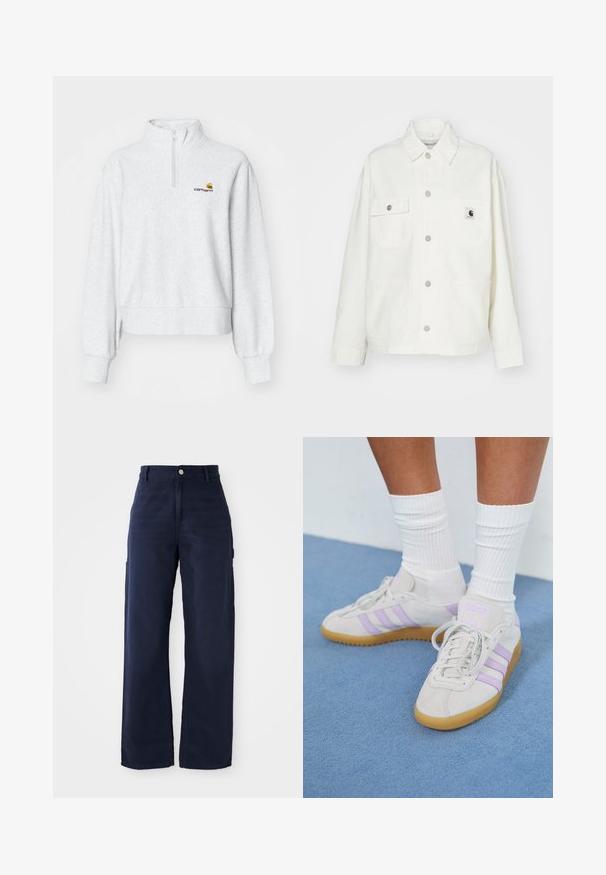 Giacca bianca in cotone con chiusura a bottoni, due tasche sul petto e una toppa quadrata con logo. Vestibilità rilassata con maniche lunghe e cuciture a vista.; Pullover in felpa grigia con colletto a mezza zip, polsini e vita a costine. Presenta un piccolo logo ricamato in giallo e bordeaux.; Pantaloni cargo a gamba larga blu navy in un robusto tessuto di cotone, con tasche laterali e chiusura con bottone in vita.; Sneaker in suede grigio chiaro con tre strisce lilla, suola in gomma naturale, lacci piatti e calzini bianchi a costine. Ambientate su uno sfondo blu.