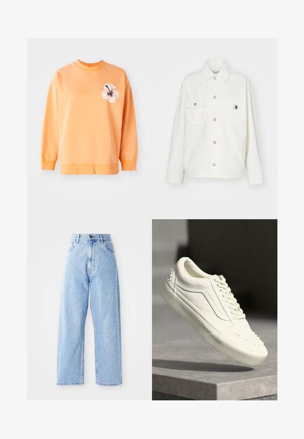Veste en coton blanc avec un devant à boutons, deux poches sur la poitrine et un patch logo carré. Coupe décontractée avec des manches longues et des coutures visibles.; Sweatshirt en coton doux orange clair avec un col rond et des poignets côtelés. Présente un motif floral blanc sur le côté gauche.; Jeans en denim bleu clair taille haute avec des jambes droites larges, fermeture à bouton à l'avant, fermeture éclair et poches avant et arrière.; Baskets blanches avec une finition texturée, dotées d'un col rembourré, d'un laçage et de petites clous décoratifs sur le côté près de la semelle.