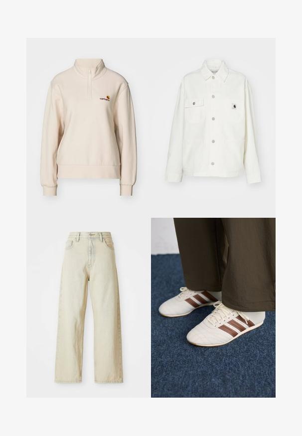 Chaqueta de algodón blanca con cierre de botones en la parte frontal, dos bolsillos en el pecho y un parche de logo cuadrado. Corte holgado con mangas largas y costuras visibles.; Carhartt WIP AMERICAN HIGH NECK - Sudadera - moonbeam; Jeans de denim de pierna ancha en un tono beige claro, con bolsillos frontales, una cintura alta y sutiles detalles de costura. Hechos de una tela de denim texturizada.; Zapatillas blancas con rayas marrones llevadas con pantalones marrones sobre un suelo de moqueta azul.