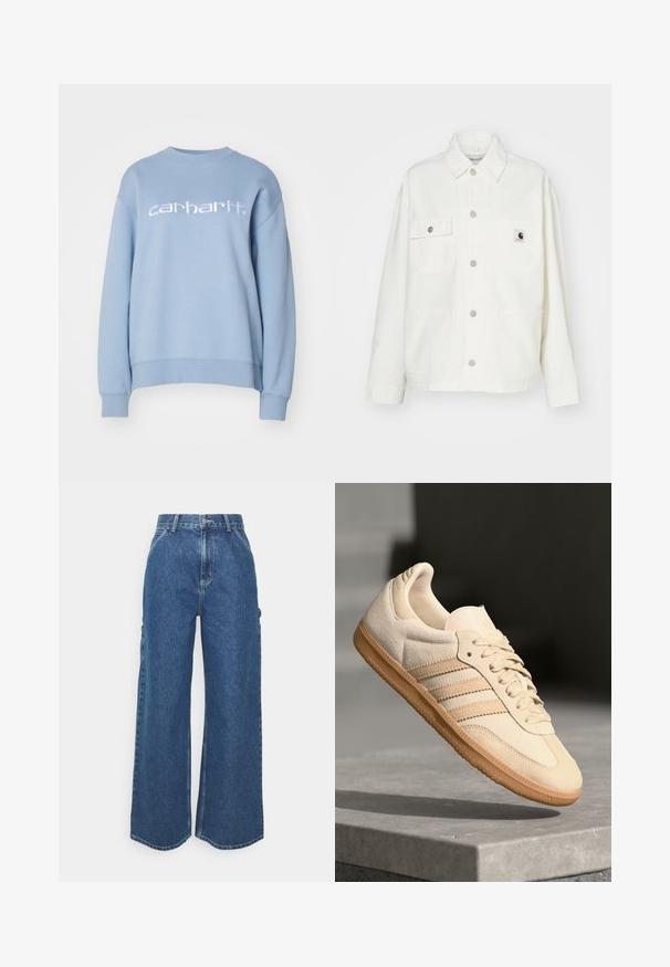 Fehér pamut dzseki gombos elejével, két mellzsebbel és négyzet alakú logóval. Lazán illeszkedő szabás, hosszú ujjakkal és látható varrással.; Carhartt WIP Melegítőfelső - misty sky/white; Széles szárú, kék farmernadrág magas derékkal, kontrasztos varrással és oldalsó zsebekkel, klasszikus öt zsebes kialakítással és nyers szegéllyel.; Világos bézs velúr sportcipő, gumitalppal, három átlós csíkkal és texturált orral. A díszítés a nyelven és az oldalon található.