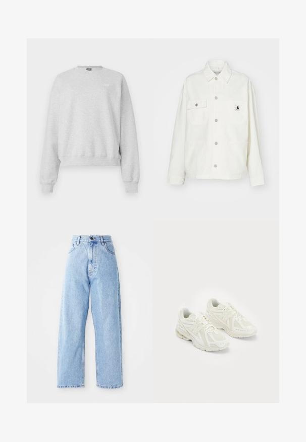 Casaco de algodão branco com frente abotoada, dois bolsos no peito e um patch de logó tipo quadrado. Corte relaxado com mangas longas e costuras visíveis.; Sweatshirt cinza em mistura de algodão suave, com um decote redondo, mangas compridas e bainha canelada. Pequeno detalhe de logotipo na frente.; Jeans de ganga azul claro de cintura alta, com pernas largas e retas, fecho frontal por botão e zip e bolsos à frente e atrás.; Ténis brancos desportivos com materiais em malha e sintéticos, design com atacadores, colarinho acolchoado e sola texturizada para melhor aderência. Construção leve.