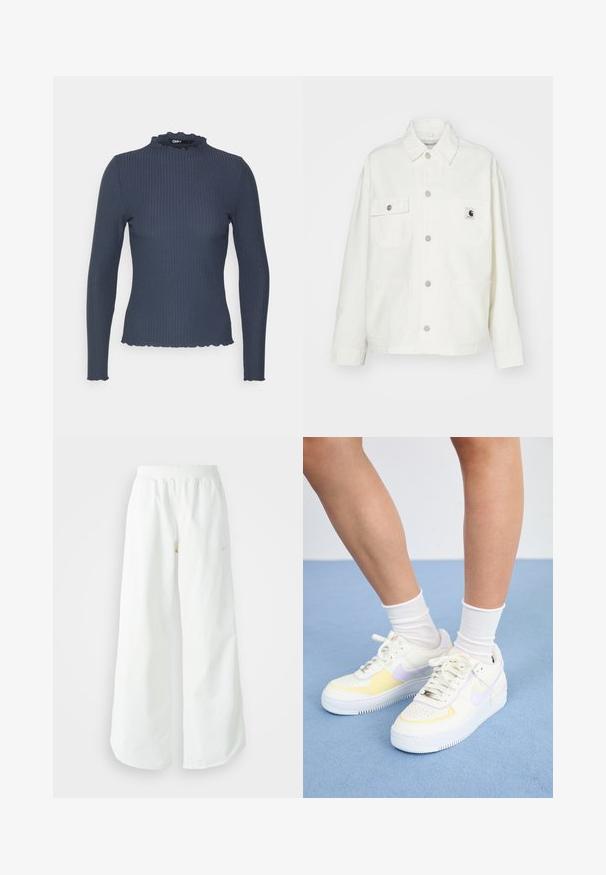 Weiße Baumwolljacke mit Knopfleiste, zwei Brusttaschen und einem quadratischen Logopatch. Lässige Passform mit langen Ärmeln und sichtbaren Nähten.; Marinefarbener Langarmoberteil in gerippter Textur. Verfügt über einen hohen Kragen mit gewelltem Rand und ein schlankes Design.; Weiße, weit geschnittene Sporthose mit einem gerippten Bund und dezentem Logo-Detail. Glattes Material mit lockerer Passform und schmal zulaufendem Saum.; Weiße Ledersneaker mit gelben und lavendelfarbenen Akzenten, runde Zehenpartie, flache Schnürsenkel und strukturierte Gummisohle. Getragen mit weißen Socken.