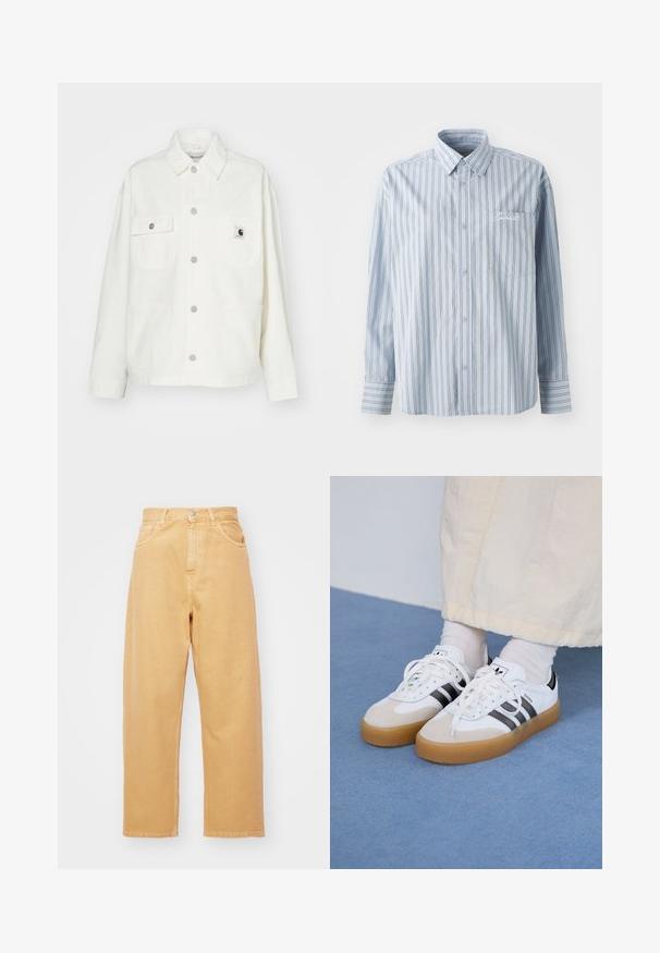 Bela bomba iz bombaža z gumbom na sprednji strani, dvema žepoma na prsih in kvadratno oznako. Ohlapen kroj z dolgimi rokavi in vidnim šivanjem.; Svijetloplava košulja dugih rukava s dugmadi, s bijelim i tamnim vertikalnim prugama i prednjim džepom na prsima s bijelim vezom.; Carhartt WIP BRANDON PANT - Široke kavbojke - bourbon; Bele tene škornje s črnimi črtami in bež usnjenimi detajli. Imajo teksturirano gumijasto podplat in ravne bele vezalke, nosijo se z svetlimi nogavicami.