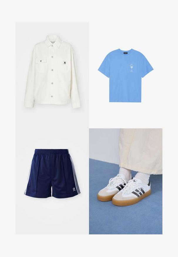 Balta medvilninė striukė su sagų užsegimu priekyje, dviem krūtinės kišenėmis ir kvadrato formos logotipo etikete. Laidus kirpimas, ilgomis rankovėmis ir matomais siūlais.; Šviesiai mėlyna medvilninė marškinėliai su apvaliu iškirpimu. Kairėje krūtinės pusėje pavaizduotas baltas palmės medžio grafikas ir tekstas. Trumpomis rankovėmis.; Jūriniai sportiniai šortai, pagaminti iš lengvos medžiagos, su baltais šonais ir išsiuvinėtu logotipu kairėje apačioje. Elastingas juosmuo.; Baltos sportbačiai su noir juostomis ir šviesiai rudos zomšos akcentais. Yra tekstūruota gumos padas ir plokščiomis baltomis raištelėmis, dėvimi su šviesiai spalvotomis kojinėmis.