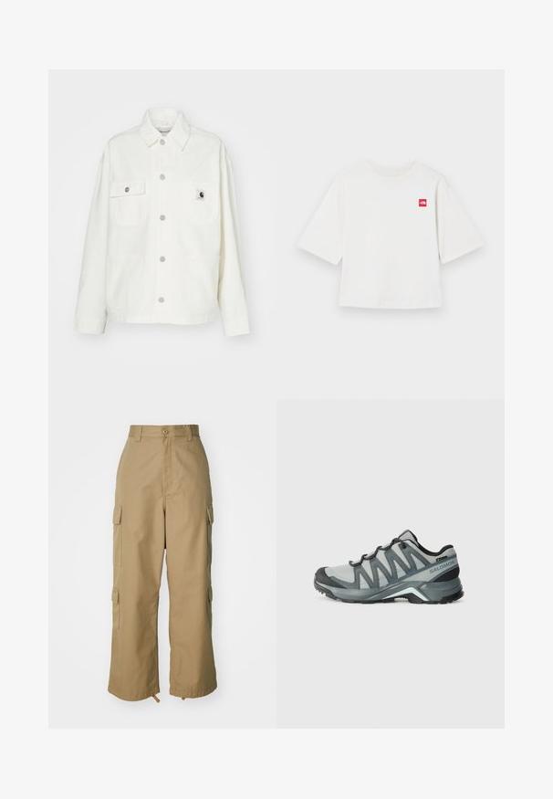Biała bawełniana kurtka z zapięciem na guziki, dwoma kieszeniami na piersiach i kwadratową naszywką z logo. Luźny krój, długie rękawy i widoczne szwy.; Biała koszulka z krótkim rękawem wykonana z bawełny. Posiada małe czerwone logo w kwadracie na lewej piersi. Prosty krój. Miękka tekstura.; Beżowe spodnie cargo z wysokim stanem, szerokimi nogawkami i czterema dużymi bocznymi kieszeniami. Wykonane z trwałego materiału o gładkiej fakturze i minimalnych detalach.; Lekki obuwie turystyczne w szarym siateczkowym wzorze z ciemnymi akcentami. Posiadają teksturowaną podeszwę oraz wyściełany piętę dla komfortu i przyczepności.