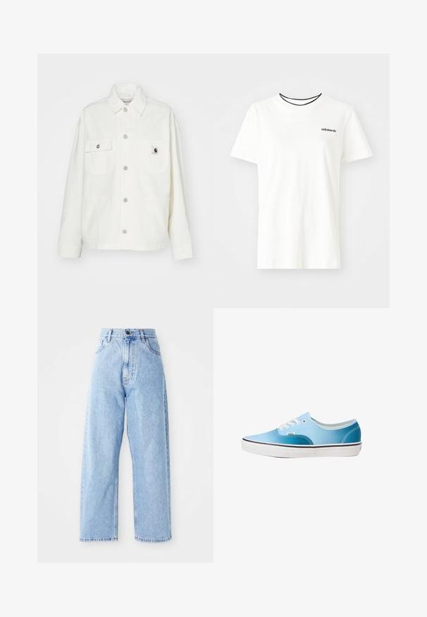 Vits bomullsjacka med knapp-up framtill, två bröstfickor och en fyrkantig logotypapplikation. Avslappnad passform med långa ärmar och synlig sömnad.; Vit bomullströja med korta ärmar och rund halsringning. Har en svart Adidas-logotyp på bröstet och en kontrasterande svart innerkrage.; Höga ljusblå denimjeans med raka vida ben, knapp och dragkedja fram, samt fram- och bakfickor.; Vans AUTHENTIC - Sneakers - blue coral gradient