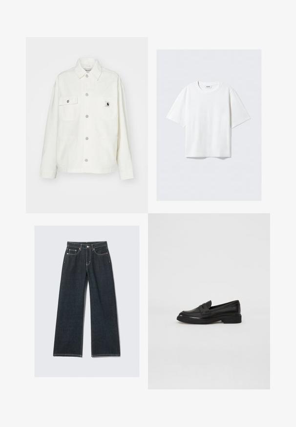 Weiße Baumwolljacke mit Knopfleiste, zwei Brusttaschen und einem quadratischen Logopatch. Lässige Passform mit langen Ärmeln und sichtbaren Nähten.; Weißes T-Shirt mit kurzen Ärmeln aus weichem Baumwollstoff, mit einem runden Ausschnitt und lässigem Schnitt mit geradem Saum, schlicht ohne Muster oder Grafiken.; Dunkelblaue weit geschnittene Jeans aus Denim, mit einem Knopf- und Reißverschluss, fünf Taschen und kontrastierenden Nähdetails.; Marc O'Polo PAULA - Slipper - black