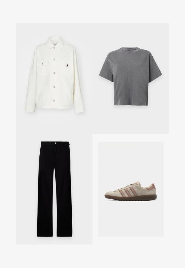 Witte katoenen jas met een knoopsluiting aan de voorkant, twee borstzakken en een vierkante logopatch. Ontspannen pasvorm met lange mouwen en zichtbare stiksels.; Grijze cropped T-shirt met korte mouwen en ronde hals, met een klein wit "carhartt" logo in het midden op de voorkant.; Zwarte katoenen broeken met een rechte pijpdesign, voorzien van een knoopsluiting aan de voorkant en zonder zichtbare patronen of accenten.; Beige suède sneaker met roze accenten, voorzien van drie overlappende strepen, een getextureerde neuskap en een rubberen buitenzool met groeven.