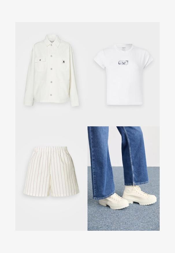 Balta medvilninė striukė su sagų užsegimu priekyje, dviem krūtinės kišenėmis ir kvadrato formos logotipo etikete. Laidus kirpimas, ilgomis rankovėmis ir matomais siūlais.; Balta medvilninė marškinėlis su trumpomis rankovėmis ir apvaliu iškirpimu, priekyje su tamsiai mėlynu "OBEY" grafikos užrašu. Lygus paviršius.; Balti šortai su raudonomis vertikaliomis juostelėmis, su elastingu juosmeniu ir laisvu siluetu. Pagaminti iš lengvos medvilnės medžiagos.; Baltos aukštos sportinės kedai su storomis, briaunotomis padais ir apvaliu logotipo akcentu, dėvimi su šviesiai mėlynomis plačiakulkėmis džinsinėmis kelnėmis.