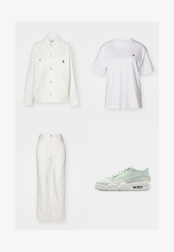 Valkoinen puuvillatakki, jossa on napitettava etuosa, kaksi rintataskua ja neliölogo-patch. Rentokäyttöinen malli, pitkät hihat ja näkyvät saumat.; Valkoinen puuvillapaita rentoa istuvuutta, lyhyet hihat ja pieni kirjailtu logo vasemmassa rinta-alueessa.; Valkoiset farkuhousut, joissa on korkea vyötärö ja leveä lahje. Ominaisuuksiin kuuluu nappi- ja vetoketjukiinnitys, vyölenkit ja huomaamattomat ompeluseikat.; Vaaleanvihreä lenkkari, jossa on yhdistelmä sileää nahkaa ja mokkaa, sisältäen pehmeän kauluksen, nauhat ja näkyvän ilmanvaimennuksen pohjassa.