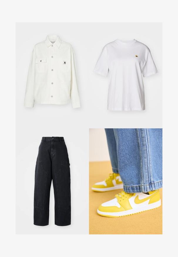 Casaco de algodão branco com frente abotoada, dois bolsos no peito e um patch de logó tipo quadrado. Corte relaxado com mangas longas e costuras visíveis.; T-shirt branca de algodão com um corte descontraído, mangas curtas e um pequeno logótipo bordado na área do peito esquerdo.; Calças cargo largas de ganga preta com uma cintura alta, dois bolsos frontais grandes e um fecho de botão na cintura. Textura suave, design casual.; Jordan AIR JORDAN 1 MID - Sapatilhas de cano alto - white/vivid sulfur/black