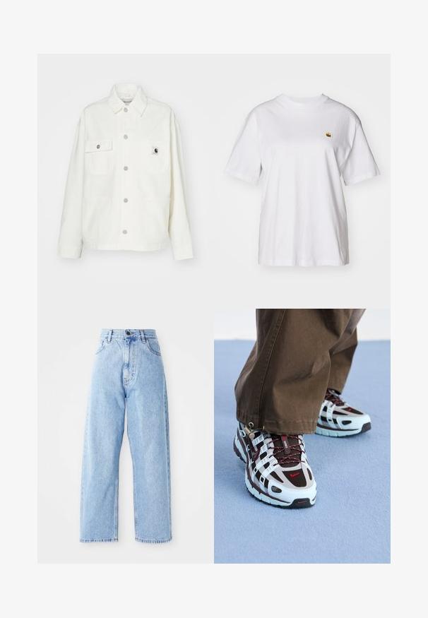 Valge puuvillane jakk, millel on nööpidega eest kinni klappimine, kaks rinnanappi ja ruudukujuline logopatch. Mugav lõige, pikad varrukad ja nähtavad õmblused.; Valge puuvillane T-särk, millel on lõdva lõikega, lühikesed varrukad ja väike broderi logo vasakul rinnakarpi.; Kõrge vöökoht, helesinised teksased sirgete laiade jalgadega, ees nupuvajutus, lukuga sulgemine ning ees ja taga taskud.; Nike spordijalatsid, mis sisaldavad helesinist ja pruuni värvipaletti, võrkmaterjali ja kummist, kontrastsete punaste detailidega ja tekstuurse tallaga.