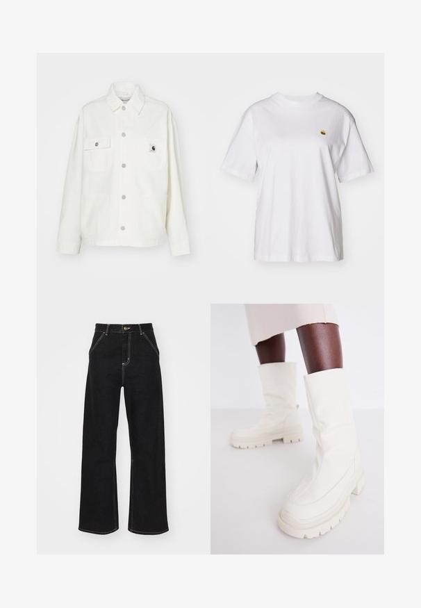 Jachetă albă din bumbac cu un închidere tip buton, două buzunare pe piept și o etichetă pătrată cu logo. Croială lejeră, cu mâneci lungi și cusături vizibile.; Tricou alb din bumbac cu o croială lejeră, mâneci scurte și un mic logo brodat în zona stângă a pieptului.; Jeans negri, cu pantaloni evazați, din denim, caracterizându-se prin cusături albe contrastante și închidere cu un nasture în față, având două buzunare frontale înclinate.; Botine albe până la gleznă, cu un finisaj moale și texturat, având o talpă din cauciuc masivă și o formă sculptată pentru un design modern.