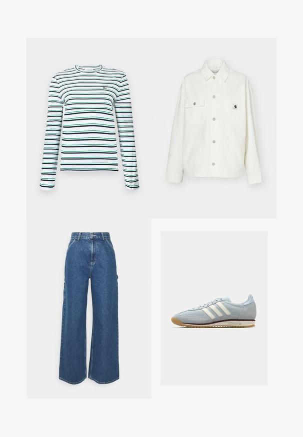 Hvit bomullsjakke med knappelukking foran, to brystlommer og et firkantet logo-patch. Løs passform med lange ermer og synlige sømmer.; Langermet t-skjorte med rund hals i hvitt med horisontale striper i marineblått og grønt. Har en liten brodert logo på brystet.; Videbeinete blå denimbukser med høy midje, kontraststing, og sidelommer, med et klassisk fem-lommers design og rå kanter.; Lys blå semsket sneakers med hvite tre striper, gummisåle og teksturert mesh. Har en jevn tåhette og merkevare på hælen.