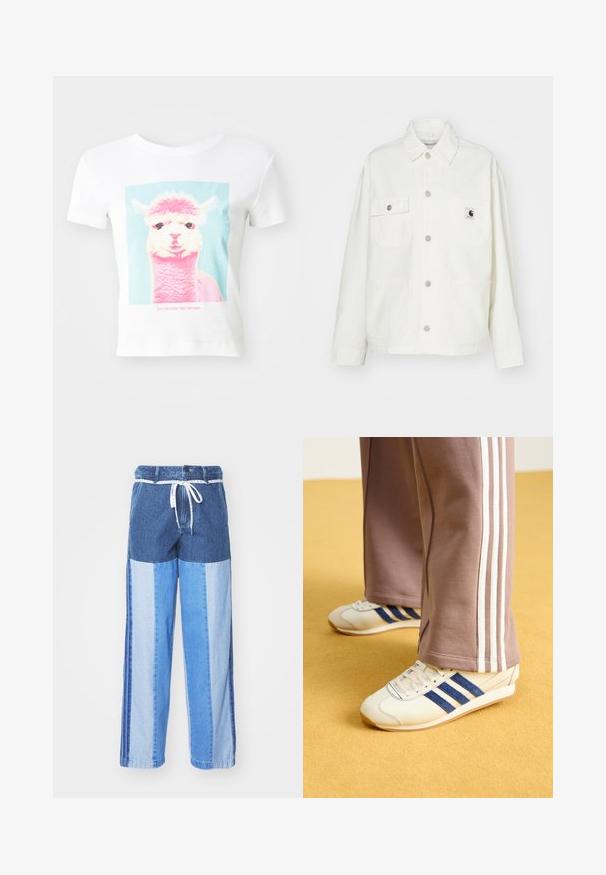 Jachetă albă din bumbac cu un închidere tip buton, două buzunare pe piept și o etichetă pătrată cu logo. Croială lejeră, cu mâneci lungi și cusături vizibile.; Un tricou alb cu un grafic care prezintă fața unei lama roz și albă, împreună cu textul "Această lama nu vrea drama ta" dedesubt.; Pantaloni din denim albastru cu un design pe patchwork în nuanțe variate de albastru, cu talie cu șnur și picioare largi, cu croială dreaptă.; Sneakers crem cu dungi din suede bleu, șireturi albe și talpă din cauciuc. Asortați cu pantaloni de trening gri cu dungi albe pe laterale.