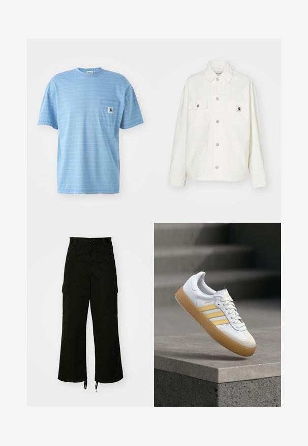 Fehér pamut dzseki gombos elejével, két mellzsebbel és négyzet alakú logóval. Lazán illeszkedő szabás, hosszú ujjakkal és látható varrással.; Világoskék, rövid ujjú póló vízszintes csíkokkal. Mellzsebéből logóval ellátott folttal rendelkezik. Puha pamut anyagból készült.; Fekete cargo nadrág, pamutból készült, széles lábakkal, oldalsó zsebekkel és húzózsinóros szegélyekkel. A dizájn része egy gombos zárás a deréknál.; Fehér bőr sportcipő sárga részletekkel, három csíkkal és gumitalpú. Kerek orrú és texturált nyelvű.
