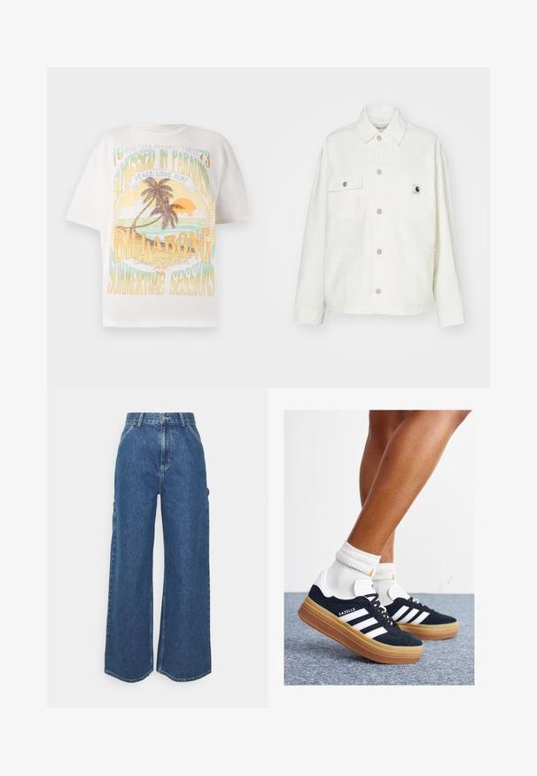 Casaco de algodão branco com frente abotoada, dois bolsos no peito e um patch de logó tipo quadrado. Corte relaxado com mangas longas e costuras visíveis.; T-shirt de algodão branco com uma impressão gráfica colorida apresentando palmeiras, sol e texto: "BEIJADO PELO SOL NO PARAÍSO," "BILLABONG," e "SESSÕES DE VERÃO."; Calças de ganga azuis de perna larga com cintura alta, costuras em contraste e bolsos laterais, apresentando um design clássico de cinco bolsos e bainhas desfiadas.; Ténis de camurça preta com riscas e detalhes brancos, biqueira arredondada, sola em borracha cor de goma, combinados com meias brancas caneladas até à altura do tornozelo.