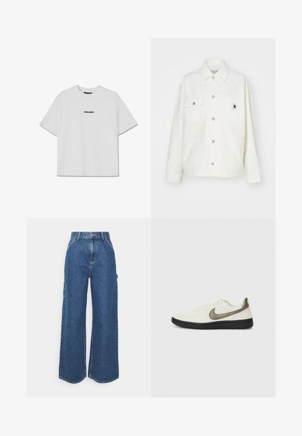 Balta medvilninė striukė su sagų užsegimu priekyje, dviem krūtinės kišenėmis ir kvadrato formos logotipo etikete. Laidus kirpimas, ilgomis rankovėmis ir matomais siūlais.; Balta trumpų rankovių marškinėlių su apvalia iškirpte, pagamintų iš medvilnės. Yra juodas "PEGADOR" logotipas, atspausdintas ant krūtinės. Paprasta, kvadrato formos išvaizda.; Plačios mėlynos džinsinės kelnes su aukštu juosmeniu, kontrastingais siūlais ir šoninėmis kišenėmis, turinčios klasikinį penkių kišenių dizainą ir brutalius kraštus.; Nike Sportswear FIELD GENERAL - Sportbačiai - off-white/black