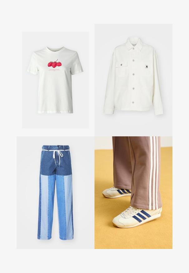 Chaqueta de algodón blanca con cierre de botones en la parte frontal, dos bolsillos en el pecho y un parche de logo cuadrado. Corte holgado con mangas largas y costuras visibles.; ONLY ONLKATE TEE - Camiseta estampada - cloud dancer; Pantalones de denim azul con un diseño de patchwork en diferentes tonos de azul, cintura con cordón y piernas sueltas de corte recto.; Zapatillas de crema con rayas de ante azul, cordones blancos y suela de goma. Combinadas con pantalones de chándal grises que presentan rayas laterales blancas.