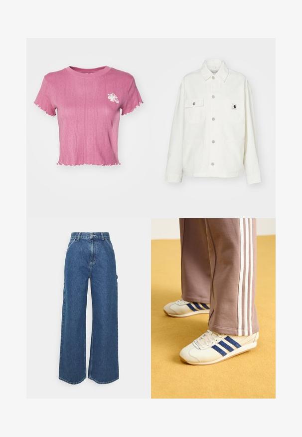 Giacca bianca in cotone con chiusura a bottoni, due tasche sul petto e una toppa quadrata con logo. Vestibilità rilassata con maniche lunghe e cuciture a vista.; T-shirt cropped rosa con texture a coste e orli scallop. Presenta un ricamo floreale bianco sul lato sinistro del petto. Tessuto leggero.; Pantaloni in denim blu a gamba larga con vita alta, cuciture a contrasto e tasche laterali, caratterizzati da un classico design a cinque tasche e orli grezzi.; Sneakers crema con strisce in suede blu, lacci bianchi e suola in gomma. Abbinati a pantaloni sportivi grigi con strisce laterali bianche.
