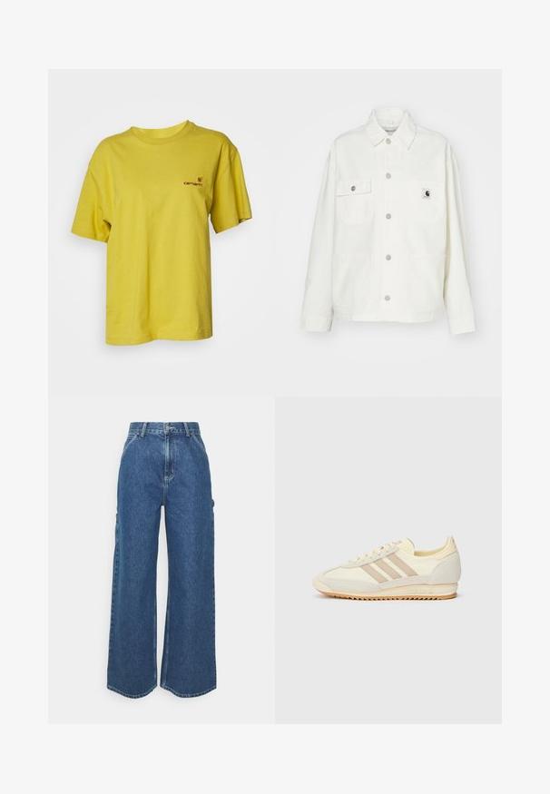 White cotton jacket featuring a button-up front, two chest pockets, and a square logo patch. Relaxed fit with long sleeves and visible stitching.; Carhartt WIP AMERICAN SCRIPT - Basic T-shirt - golden olive; Wide-leg blue denim trousers with a high waist, contrasting stitching, and side pockets, featuring a classic five-pocket design and raw hems.; Cream athletic sneaker featuring three beige stripes, suede and textile materials, a textured sole, and embossed branding on the heel.