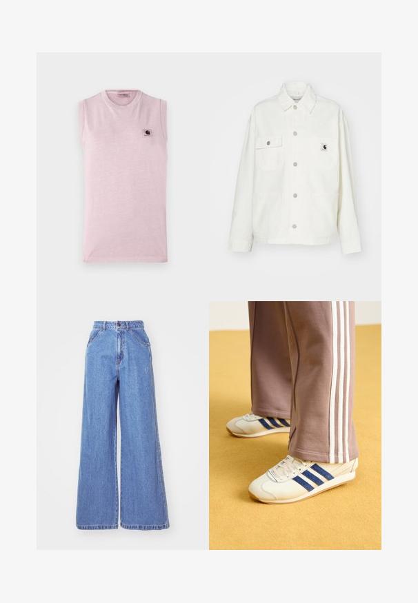 Giacca bianca in cotone con chiusura a bottoni, due tasche sul petto e una toppa quadrata con logo. Vestibilità rilassata con maniche lunghe e cuciture a vista.; T-shirt senza maniche di colore rosa chiaro, realizzata in tessuto morbido, con scollatura rotonda e una piccola toppa con logo quadrato sul lato sinistro del petto.; adidas Originals Jeans a sigaretta - light denim; Sneakers crema con strisce in suede blu, lacci bianchi e suola in gomma. Abbinati a pantaloni sportivi grigi con strisce laterali bianche.