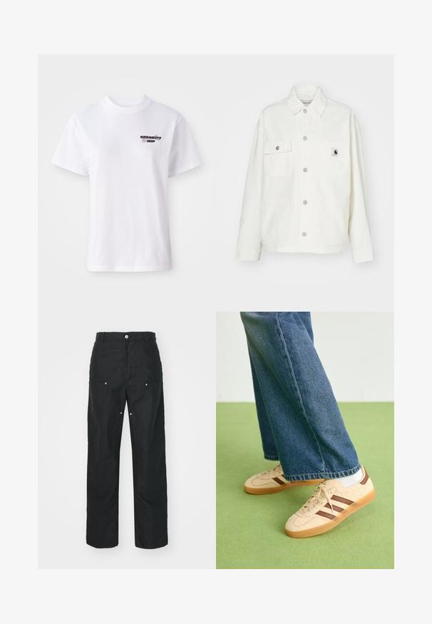 Bijela pamučna jakna s dugim rukavima, gumbima sprijeda, dva džepa na prsima i kvadratnom oznakom. Opušteni kroj s vidljivim šavovima.; Bijela majica kratkih rukava s okruglim izrezom, s malim crnim i ljubičastim Carhartt WIP logotipom na lijevoj strani prsnog koša.; Crne hlače ravnog kroja, napravljene od teksturirane tkanine. Sadrže dekorativne srebrne detalje i jedinstveno obrubljene šavove.; Bež tenisice s teksturiranim kremastim panelima i smeškim prugama, u kombinaciji s plavim trapericama. Traperice imaju široke nogavice i poderane rubove.