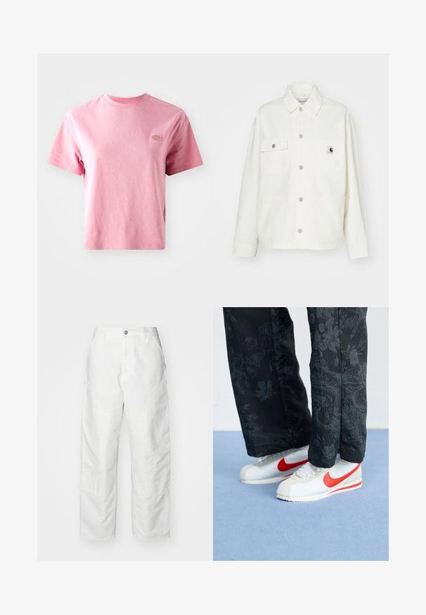 Balta kokvilnas jaka ar pogu aizdari, divām krūšu kabatām un kvadrātveida logo uzšuvumu. Brīva piegriezuma ar garām piedurknēm un redzamām šuvēm.; Rozā kokvilnas T-krekls ar īsām piedurknēm, apaļu kakla izgriezumu un taisnīgu logo uzlīmi kreisajā krūtīs. Gluda tekstūra, brīvs piegriezums.; Baltas kravas bikses, izgatavotas no denim materiāla, ar brīvu piegriezumu, sānu kabatām un redzamām šuvju detaļām. Vienkārša priekšēja daļa ar pogu aizdari.; Baltas Nike sporta apavi ar sarkanām akcentiem, savienoti ar melniem biksēm, kurām ir ziedu raksts. Virsma ir gluda ar plakanu pinumu zoli.