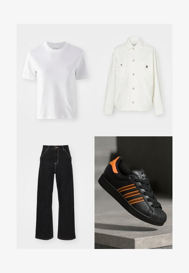 Fehér pamut dzseki gombos elejével, két mellzsebbel és négyzet alakú logóval. Lazán illeszkedő szabás, hosszú ujjakkal és látható varrással.; Fehér pamut rövid ujjú póló, kerek nyakkal és egy kis hímzett logóval a mellkasán, sima textúrával és egyszerű dizájnnal.; Fekete, széles szárú farmernadrág, kontrasztos fehér varrással és elülső gombos záródással, két ferde elülső zsebbel.; Fekete sportcipő narancssárga részletekkel, három vízszintes csíkkal, texturált bőr felsőrésszel, gumis orral és fekete fűzőkkel.