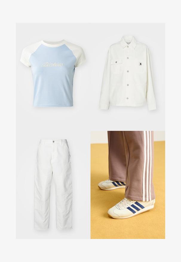 Witte katoenen jas met een knoopsluiting aan de voorkant, twee borstzakken en een vierkante logopatch. Ontspannen pasvorm met lange mouwen en zichtbare stiksels.; Lichtblauw cropped t-shirt met korte witte raglanmouwen. Heeft geborduurde "Dickies" tekst in een decoratieve stijl op de voorkant.; Witte cargobroek van denim, met een relaxte pasvorm, zijzakken en zichtbare stiksels. Eenvoudige voorkant met een knoopsluiting.; Creatieve sneakers met blauwe suède strepen, witte veters en een rubberen zool. Gecombineerd met grijze trainingsbroeken met witte zijkanten.