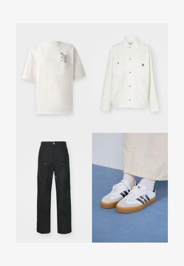 Vits bomullsjacka med knapp-up framtill, två bröstfickor och en fyrkantig logotypapplikation. Avslappnad passform med långa ärmar och synlig sömnad.; Krämfärgad bomull T-shirt med korta ärmar, prydd med en grafisk av en våg och sol, samt texten "BILLABONG" på framsidan.; Svarta byxor med rak bendesign, tillverkade av ett texturerat tyg. Har dekorativ silverhardware och unik sömdetaljering.; Vita sneakers med svarta ränder och beige mockadetaljer. Har en texturerad gummisul och platta vita skosnören, bärs med ljusa strumpor.