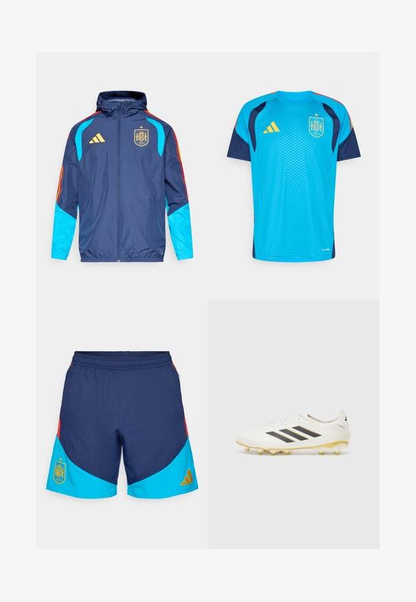 Navy jacket with a hood, featuring blue sleeves, red and yellow accents, and gold Adidas logo. Displays Spain national team crest.; Turquoise and navy athletic jersey with short sleeves, round neckline, and yellow accents. Displays Spain crest and Adidas logo.; Navy sports shorts featuring turquoise and red accents, elastic waistband, and gold logo designs on the left leg and the back.; White soccer cleat featuring three black stripes, textured upper, and yellow cleat studs. The design includes a subtle pattern and logo detail.