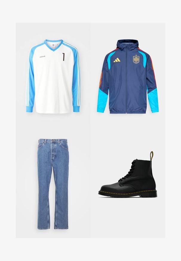 Marineblauw jack met capuchon, met blauwe mouwen, rode en gele accenten en een gouden Adidas-logo. Toont het embleem van het Spaanse nationale team.; Witte lange mouwen voetbalshirt met lichtblauwe mouwen, voorzien van een v-hals, zwart nummer "1" en Adidas-logo op de borst en mouwen.; Blauwe denim jeans met een rechte pasvorm, vijf zakken, riemlussen en een knoopsluiting. De stof heeft een zachte, gestructureerde afwerking.; Zwarte leren veterschoen tot de enkel met gele stiksels op de zool en een merklabel aan de hak, zijaanzicht op een effen achtergrond.
