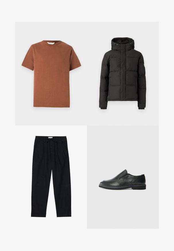 Svart dunjakke med glidelås foran, hette og ribbede mansjetter; har quiltede seksjoner for isolasjon og et logo-patch på ermet.; Brun kortermet t-skjorte med rund hals laget av myk bomull, med et enkelt design uten synlige mønstre eller dekorasjoner.; Pier One Chinos - black; Sorte skinn slip-on sko med en jevn overflate, stikking detaljer, rund tå og en lav gummihæl. Sålen har minimal mønstring.