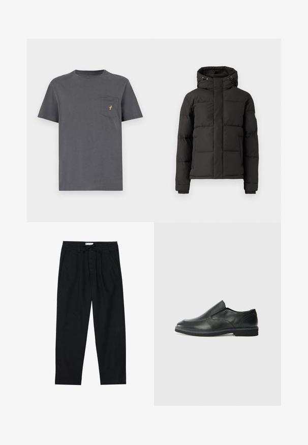 Crna puffer jakna s patentnim zatvaračem sprijeda, kapuljačom i rebrastim manžetama; sadrži kviltane dijelove za izolaciju i logotip na rukavu.; Siva pamučna majica kratkih rukava, okruglog izreza, s džepom na kojem se nalazi mali zlatni logo s lijeve strane. Glatka tekstura tkanine.; Pier One Chino hlače - black; Crne kožne cipele na sklapanje s glatkom gornjom površinom, prošivenim detaljima, zaobljenim vrhom i niskim gumene potplate. Potplat ima minimalne uzorke.