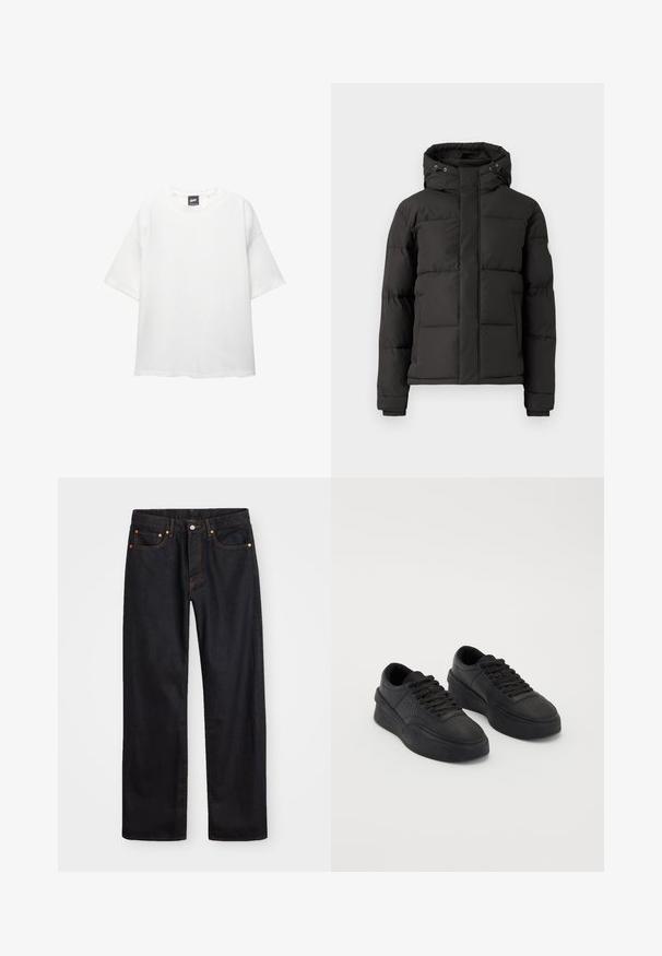 Sort dunjakke med lynlås foran, hætte og ribbede manchetter; har quiltede sektioner til isolering og et logo patch på ærmet.; Hvid oversized t-shirt lavet af blødt bomuldsstof, med rund halsudskæring og korte, brede ærmer. Simpelt design uden mønstre eller accenter.; Mænds lige ben sorte denim jeans med fem lommer og orange syninger, knap- og lynlåslukning foran på taljen.; Sorte sneakers lavet af glat læder med en polstret sål. Funktionen inkluderer flade snørebånd, perforeringer på tåen og en elegant silhuet.