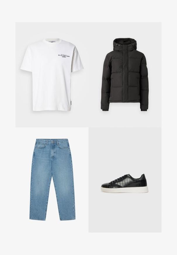 Čierna pufka s predným zipsom, kapucňou a rebrovanými manžetami; obsahuje prešívané sekcie pre tepelnú izoláciu a logo nášivku na rukáve.; Biela bavlnená tričko s krátkymi rukávmi, okrúhlym výstrihom, so čiernym textom, ktorý hovorí "BELLA CIAO Z NAPOLI" a značkovou nášivkou na boku.; Svetlo modré džíny s širokými nohavicami a vysokým pásom, s piatimi vreckami, pútkami na opasok a jemnou, mierne vyblednutou štruktúrou.; Čierne tenisky s textúrovaným kroko-embosovaným koženým zvrškom, zaoblenou špičkou a kontrastnou bielou gumovou podrážkou s hladkým povrchom.