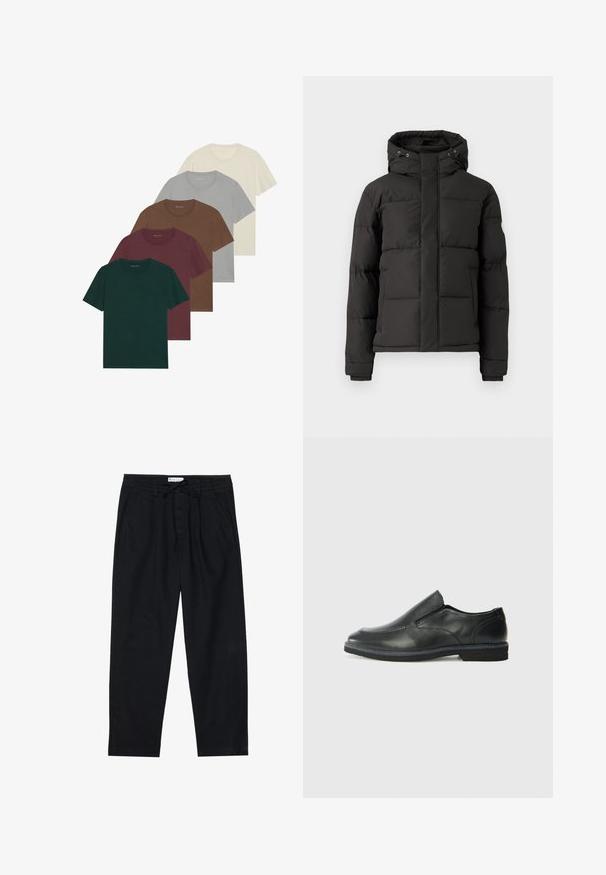 Crna puffer jakna s patentnim zatvaračem sprijeda, kapuljačom i rebrastim manžetama; sadrži kviltane dijelove za izolaciju i logotip na rukavu.; Pet majice s ovalnim izrezom u raznim bojama: tamnozelena, burgundska, smeđa, svijetlosiva i kremasta; sve imaju kratke rukave i glatku teksturu.; Pier One Chino hlače - black; Crne kožne cipele na sklapanje s glatkom gornjom površinom, prošivenim detaljima, zaobljenim vrhom i niskim gumene potplate. Potplat ima minimalne uzorke.