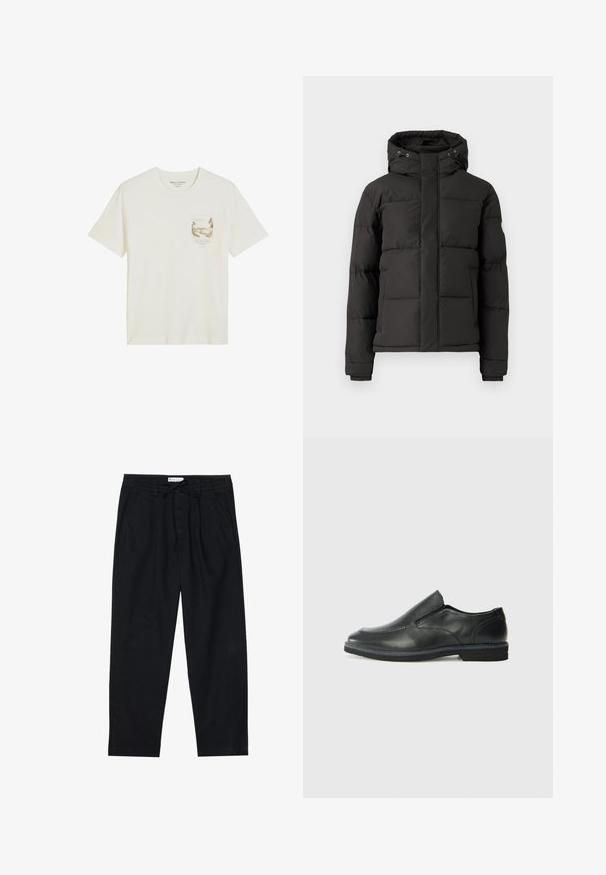 Črna pufasta jakna z zadrgo spredaj, kapuco in rebrastimi manšetami; vsebuje kvadratne sekcije za izolacijo in logotipno oznako na rokavu.; Bela kratka majica s kratkimi rokavi in okroglo ovratnikom, majhen odtis naravnega pokrajine in besedilo na levem predelu žepa.; Pier One Hlače chino - black; Črne usnjene natikače z gladkim zgornjim delom, prišitimi detajli, zaobljenim nosom in nizkim gumijastim petkom. Podplat ima minimalen profil.