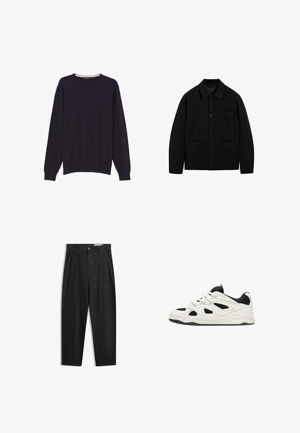 Giacca nera con bottoni, colletto, maniche lunghe e tre tasche frontali, esposta su uno sfondo bianco.; Maglione lavorato a maglia blu navy con collo a giro, maniche lunghe e polsini e orlo a coste, realizzato in un tessuto morbido e leggero.; Pantaloni in cotone neri con una vestibilità rilassata, dotati di una vita classica, pieghe frontali e tasche laterali. Tessuto liscio senza fantasie.; Scarpe da ginnastica bianche e nere con suola testurizzata, caratterizzate da intagli sui lati e lacci, e una schiena imbottita per il supporto.