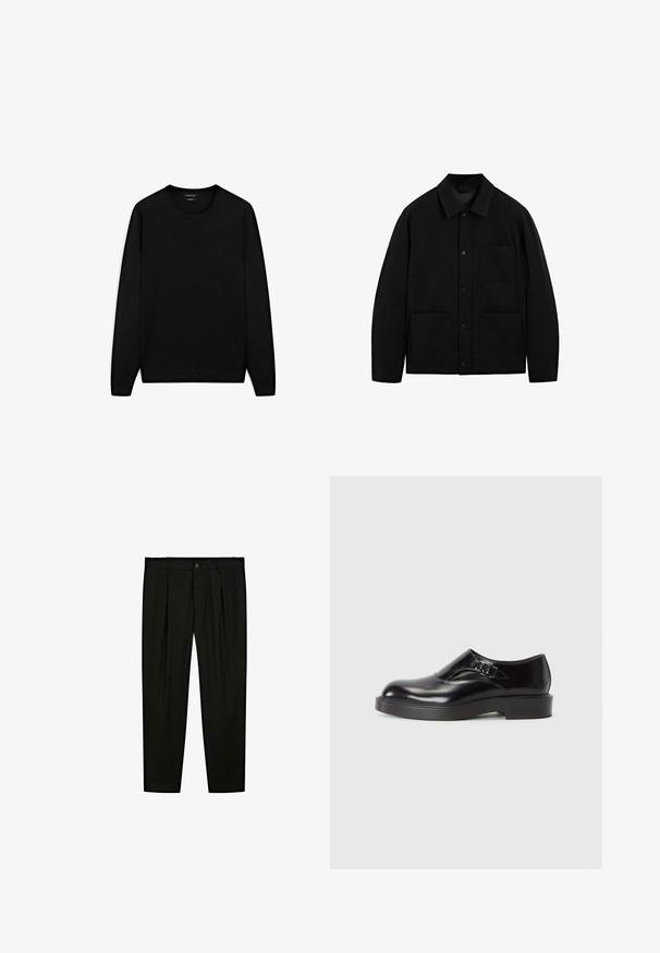 Black button-up jacket with a collar, long sleeves, and three front pockets, displayed on a white background.; Black long-sleeve sweater with a round neckline. Made of soft fabric, featuring a classic fit and ribbed cuffs and hem. No patterns or accents.; Black tailored trousers made of smooth fabric. Features include flat front, wide legs, and a button closure at the waistband.; Black leather shoe with a rounded toe, low black heel, and a decorative strap. Smooth texture with a shiny finish.