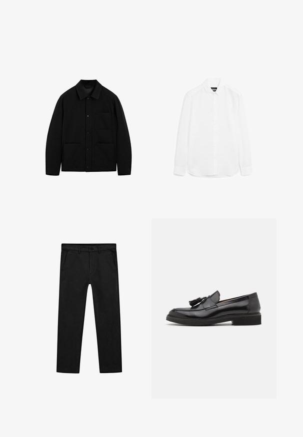 Black button-up jacket with a collar, long sleeves, and three front pockets, displayed on a white background.; White long-sleeve shirt made of smooth fabric, featuring a button-up front, pointed collar, and rounded hem with buttoned cuffs.; Black cotton pants featuring a straight-leg design, front pockets, and a classic button closure with a zip fly. Smooth texture, tailored fit.; Black leather loafers with tassel detail, rounded toe, and a textured sole. Features a smooth finish and minimalistic design.