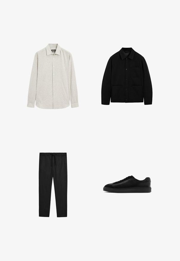 Schwarze Knopfjacke mit Kragen, langen Ärmeln und drei Vorderentaschen, auf einem weißen Hintergrund präsentiert.; Hemd mit Knopfleiste im hellgrünen Karomuster, aus Baumwollmischung. Verfügt über einen klassischen Kragen und lange Ärmel, mit geradem Saum.; Massimo Dutti JOGGER FIT - Stoffhose - black; Schwarze Ledersneaker mit glatter Oberfläche, runder Zehenpartie, Schnürung vorne und einer kontrastierenden strukturierten Lasche. Dicke schwarze Gummisohle.
